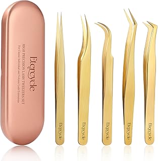 Etercycle High Precision Lash Tweezers Set - Includes 5 Stainless Steel Eyelash Tweezers for Classic Individual and Volume Lash Extensions. Complete with Storage Box