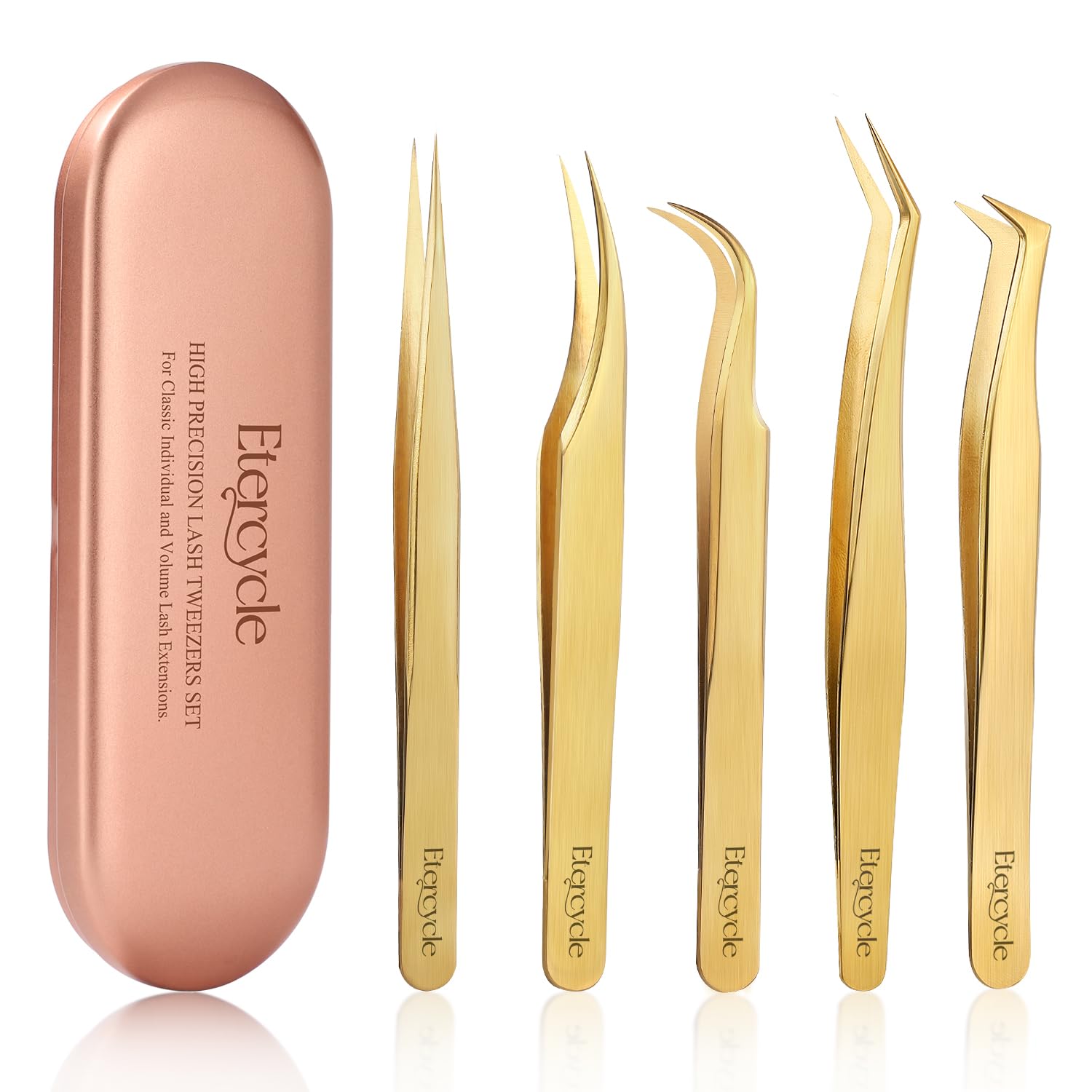 Etercycle High Precision Lash Tweezers Set - Includes 5 Stainless Steel Eyelash Tweezers for Classic Individual and Volume Lash Extensions. Complete with Storage Box