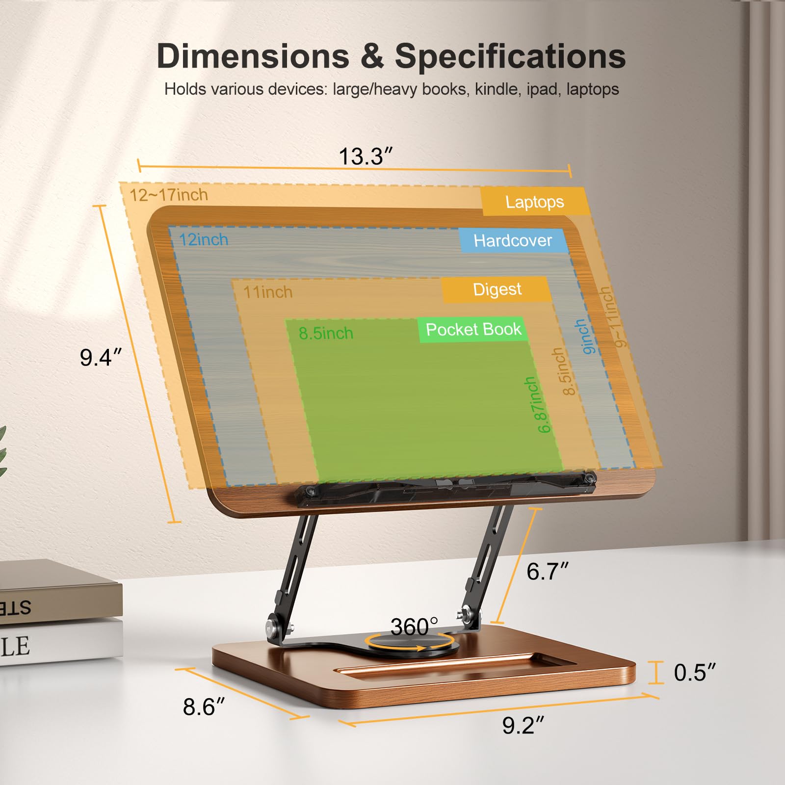 Book Stand for Reading 360 Rotating Hands Free Book Holder Adjustable Height and Angle Page Clip for Cookbook — view 6