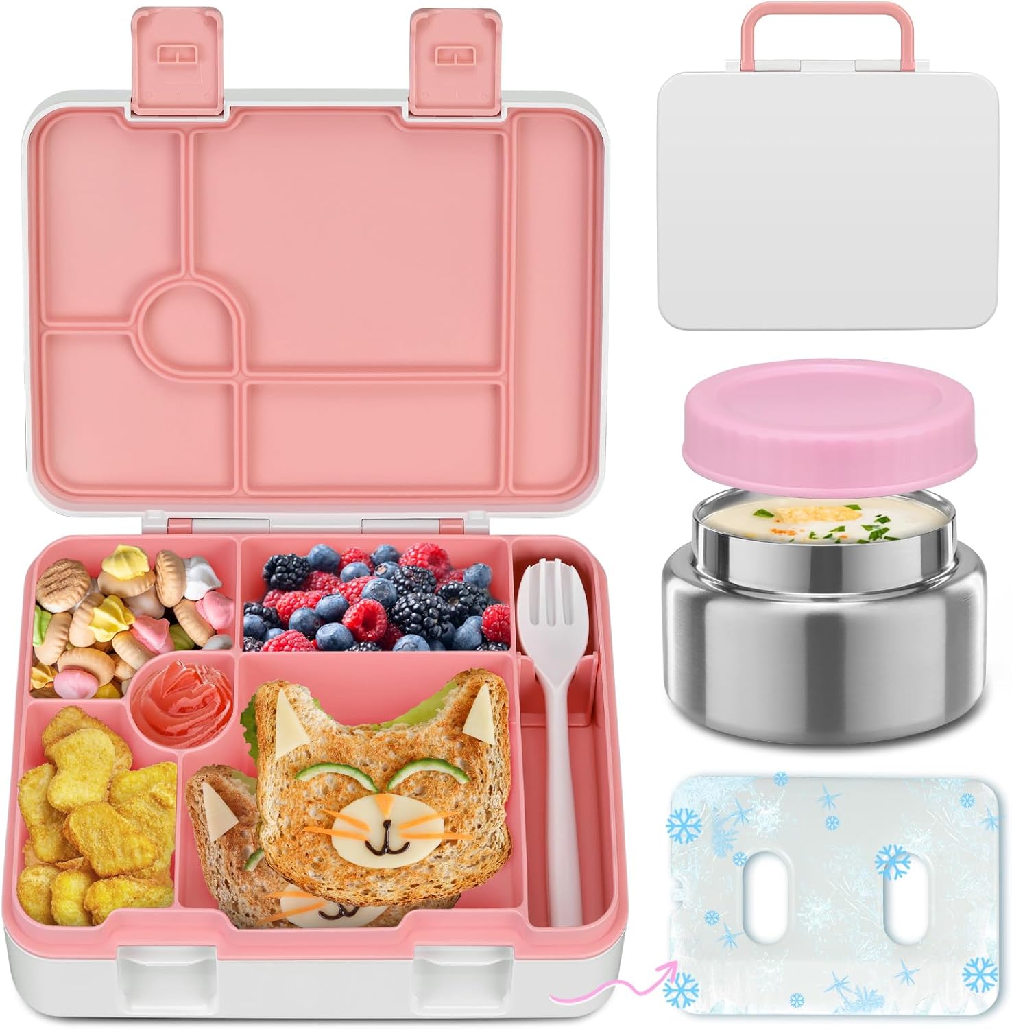 Bento Lunch Box Kids and 9oz Soup Thermo – 5.5-Cup Leakproof Kids Bento Box with Ice Pack & 9oz Insulated Food Jar – Hot & Cold Food Lunch Container for Boy Girl School, Pink Set