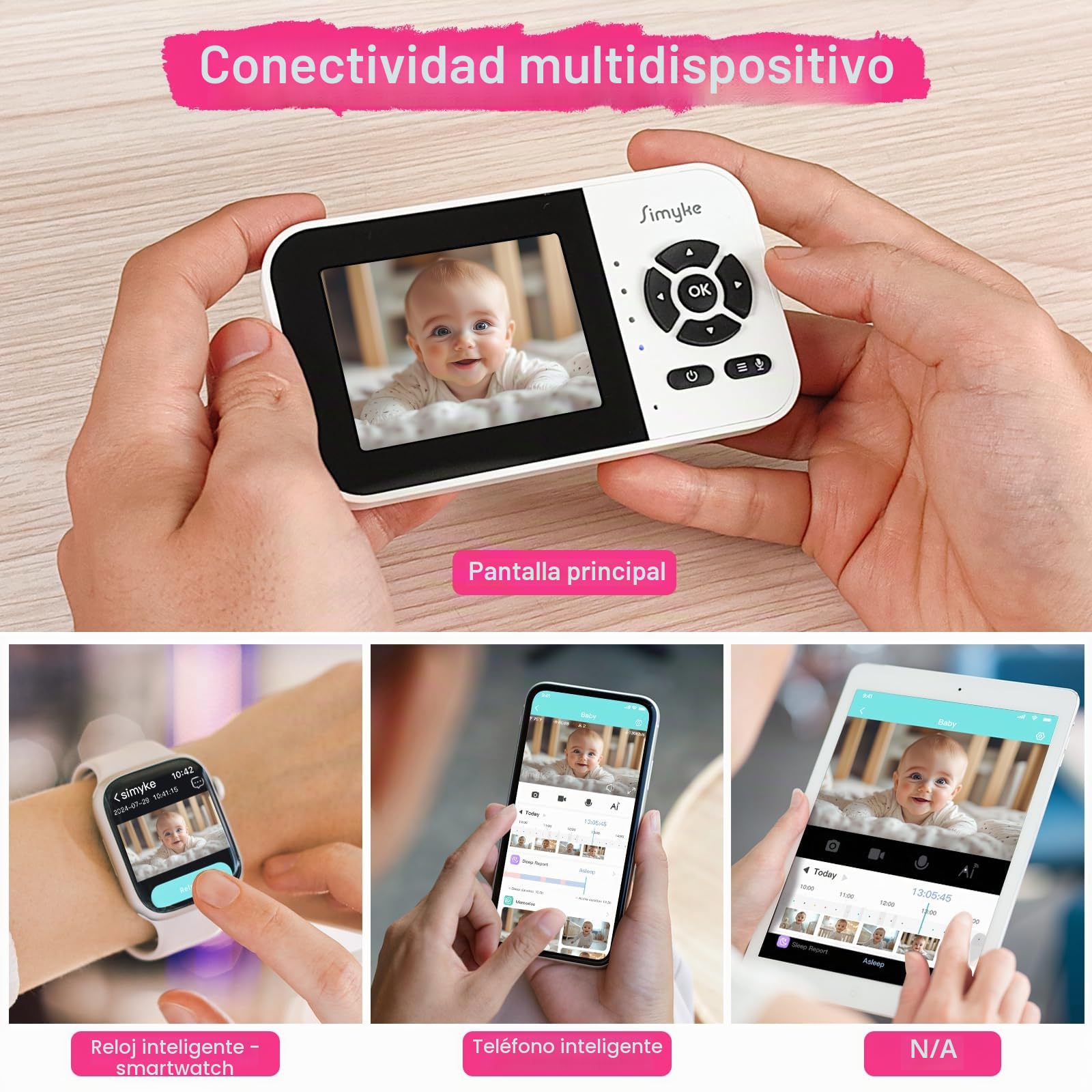 Simyke Smart BabyMonitor, 2 cámaras de 1080p, interruptor de encendido/apagado WiFi, pantalla de 2.8 pulgadas o acceso remoto WiFi, visión nocturna, alcance de 1500 pies, conversación bidireccional,