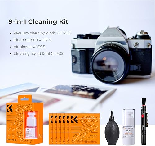 Miniatura 2 de K&F CONCEPT Kit de limpieza de lente de cámara 9 en 1 para cámara DSLR, filtro de lente de cámara para teléfonos celulares con soplado de aire, paño