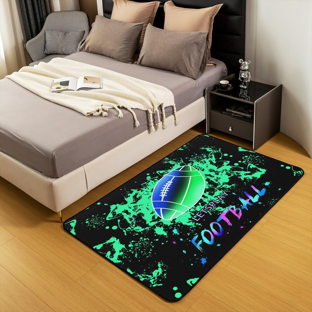 Homemissing Tappeto per area di calcio, 150 x 200 cm, per bambini, rugby, palla 3D, tappeto decorativo per bambini e ragazze, per videogiochi, sport, soggiorno, verde, blu, neon, galassia, tappeto per