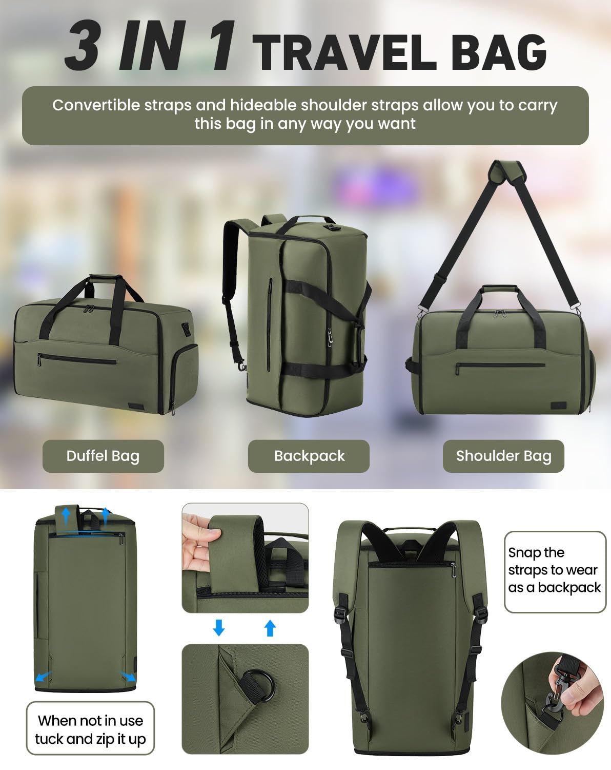 Borsone porta abiti da uomo e donna, convertibile per viaggi, borsa da viaggio espandibile con scomparto per scarpe per viaggi di lavoro, fine settimana, matrimonio (nero)
