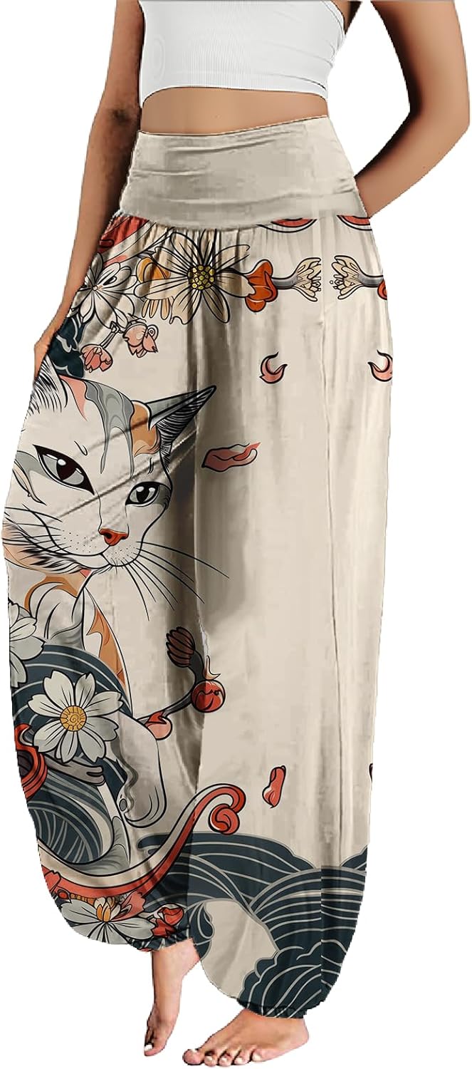 MARSVOVO Harem Pants Women Novelty Print Art Style Wide Leg Plus Size High Weist Flowy Japanese Pants