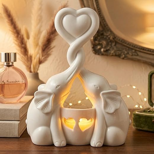 Elephant Love Candle Holder Statue - Elegant Elephant Decor for Home, Living Room, or Bedroom - Flickering LED Candle Included - Ivory 14th Anniversary, Couples, Valentine's, or Housewarming Gift Idea
