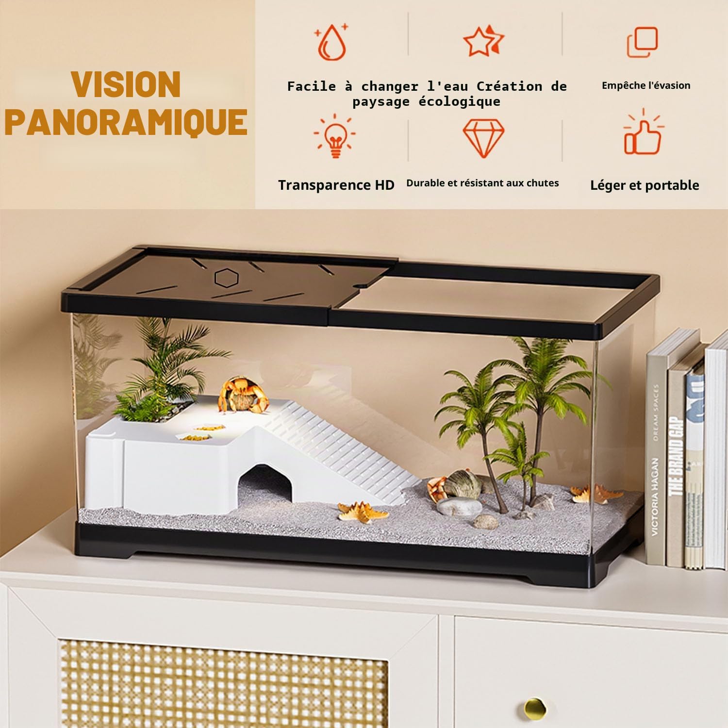 Aquarium de Tortues, Aquarium de 20" x 9,5" x 9,5" pour Tortues d’Eau pour Jeunes, écrevisses, crabes, Amphibiens, Reptiles (Noir)