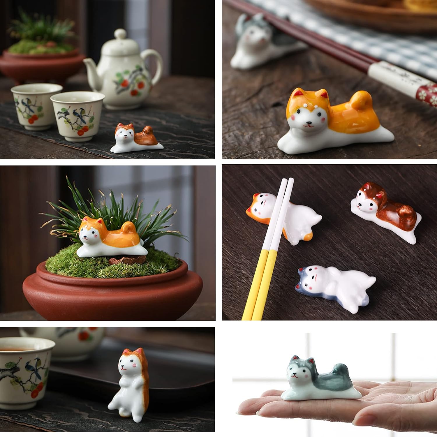 10 Ceramic Dog Chopstick Rest Set, Japanese Dining Utensil Tableware Holder