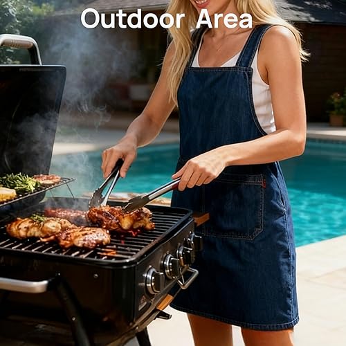 Miniatura 6 de Delantal para adultos, delantal de algodón ligero con bolsillo frontal, delantal de cocina de Jean, delantal de espalda cruzada para mujeres y