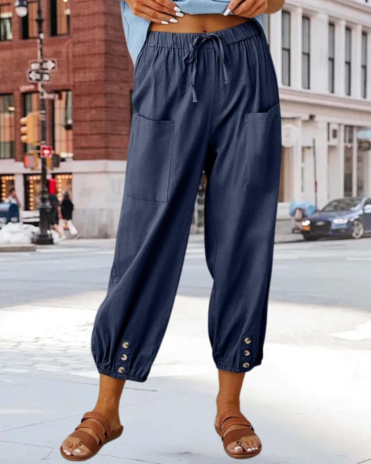 Cotton Linen Capri Pants for Women Summer Casual Plus Size High Waist Elastic Drawstring Button Trouser with Pockets - Image 6