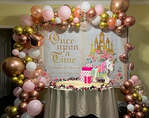 Miniatura 4 de Once Upon a Time - Telón de fondo rosa, floral, dorado, castillo de princesa, cuento de hadas, decoración de fiesta de cumpleaños, fiesta de primer