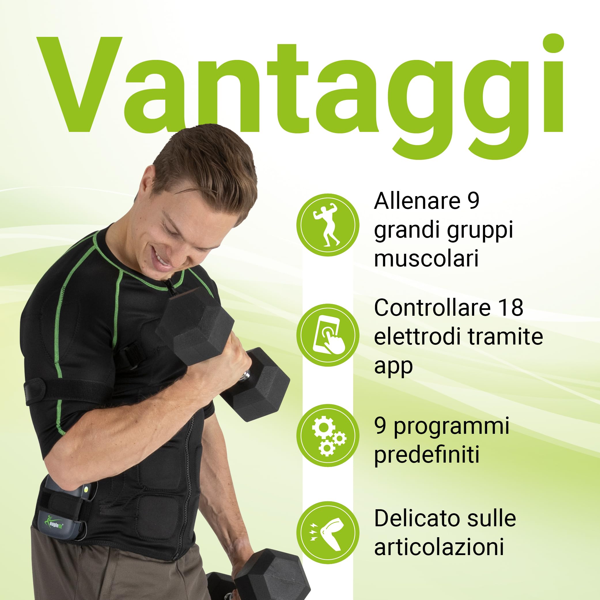 eaglefit Gilet EMS Sistema Completo con 18 Elettrodi – Allenamento Parte Superiore a Casa – Trainer Addominali e Schiena, Sviluppo Muscolare, Elettrostimolazione per Donna e Uomo con App e Centralina