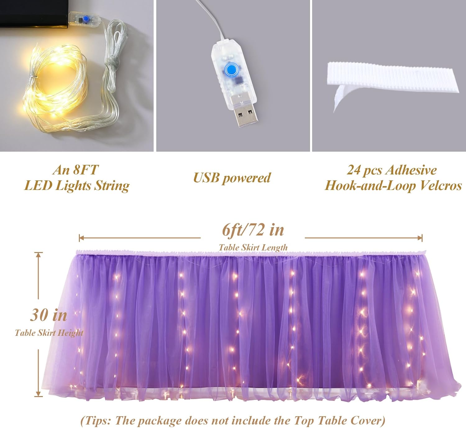6FT Purple Tulle Table Skirt with LED Lights for Rectangle Round Tables 2-Layer Ruffle Tulle Tutu Cloth Desk Table Skirt for Birthday Party Baby Shower Wedding Banquet Cake Dessert Decorations