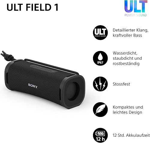 Sony ULT FIELD 1 - Wireless Bluetooth Portable Speaker with ULT POWER SOUND, Ultimate Deep Bass, IP67, Waterproof, Dustproof, Shockproof, 12hr Battery, Clear Call Quality, Outdoor, Travel - Black - 2