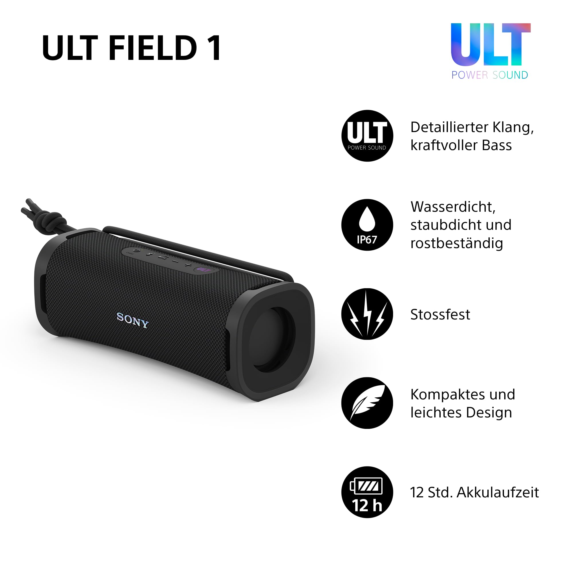Sony ULT Field 1 - Kabelloser tragbarer Bluetooth-Lautsprecher mit ULT Power Sound, kraftvollem Bass, IP67, wasserdicht, staubdicht, stoßfest, 12h Akku, klare Gesprächsqualität, Outdoor- Schwarz