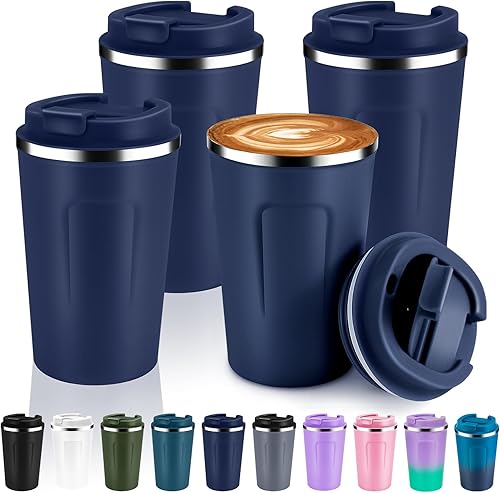 Miniatura 36 de Volhoply Taza de café de viaje con aislamiento al vacío de 12 oz de doble pared con tapa abatible, taza de café reutilizable de acero inoxidable a