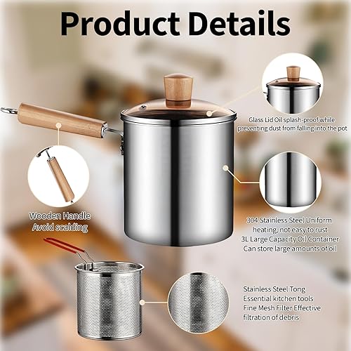 Miniatura 3 de Olla para freidora profunda con cesta coladora, contenedor de filtro de aceite inoxidable 304 de 3L con mango de madera, pinzas de tapa de vidrio,