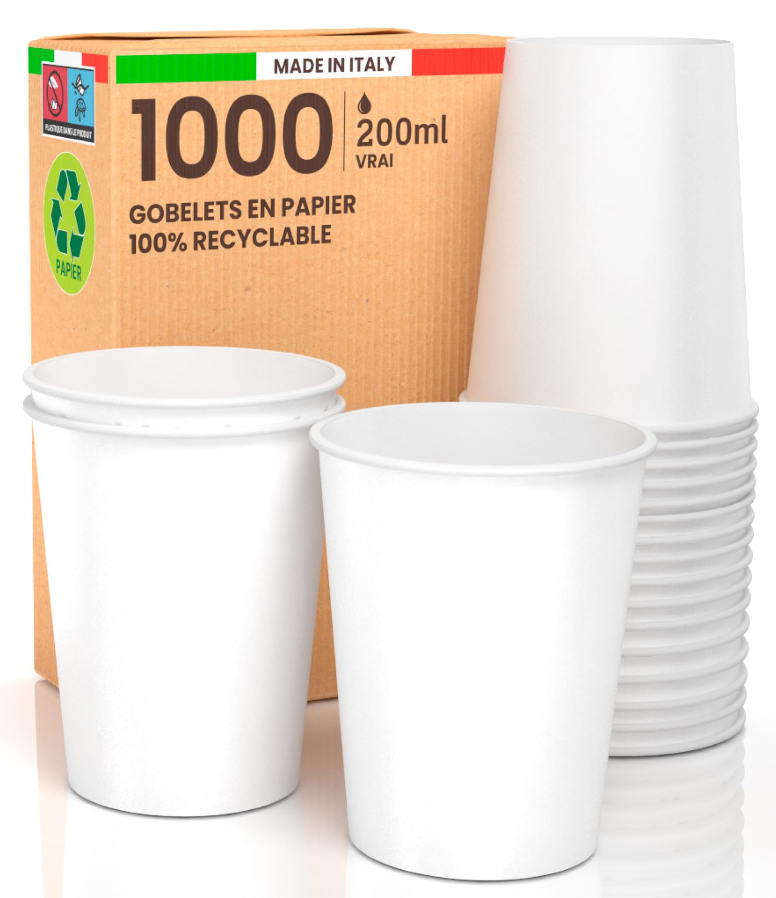 Baciato Caffè Lot de 1000 gobelets jetables en papier, écologiques, biodégradables, blancs, fabriqués en Italie, pour transporter des boissons chaudes et de l'eau, 200 ml