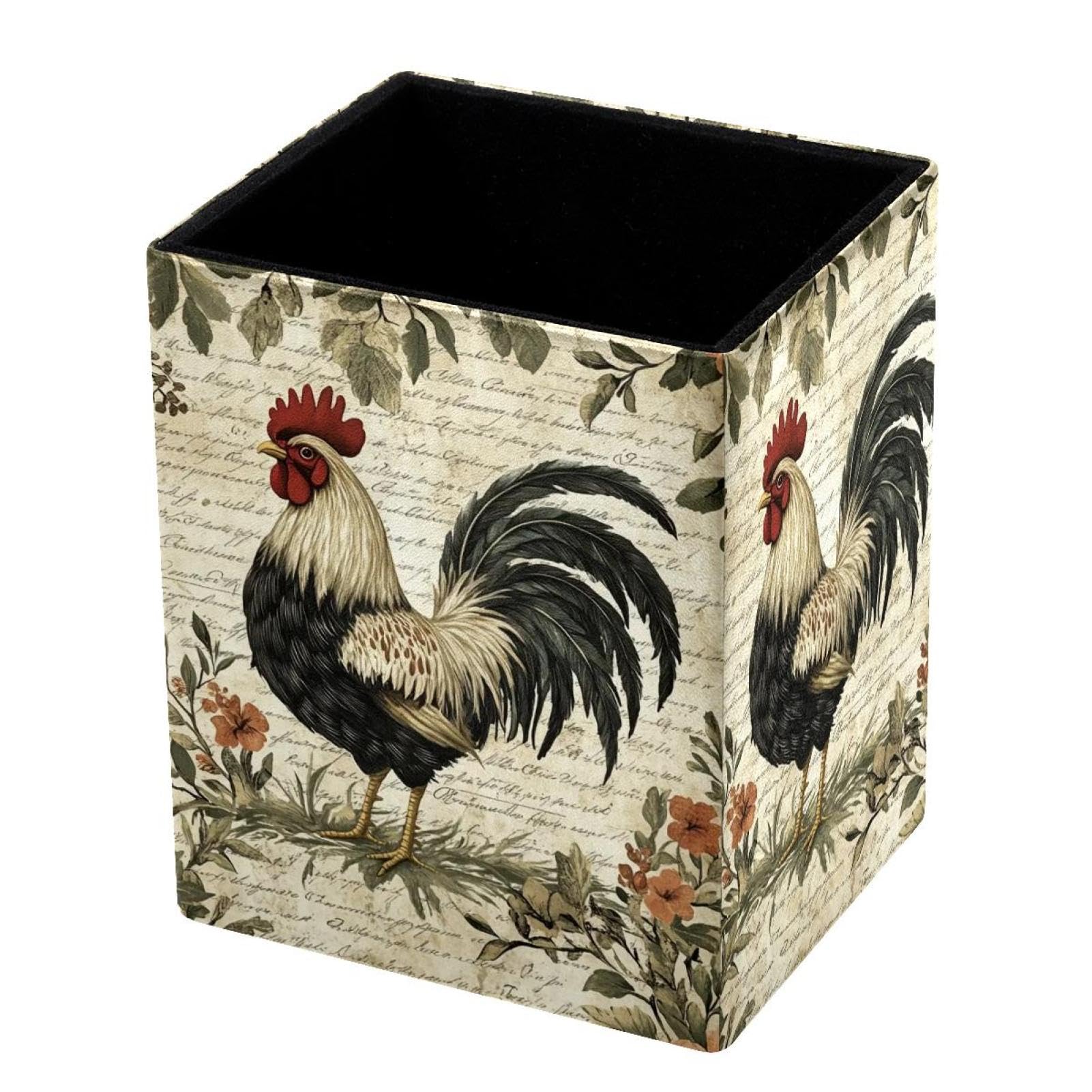 FWJZDSP Pencil Holder for Desk Pen Pouch with Vintage Rooster Print Capacity Pen Cup Leather Makeup Brush Holder for Office Desk Organizer