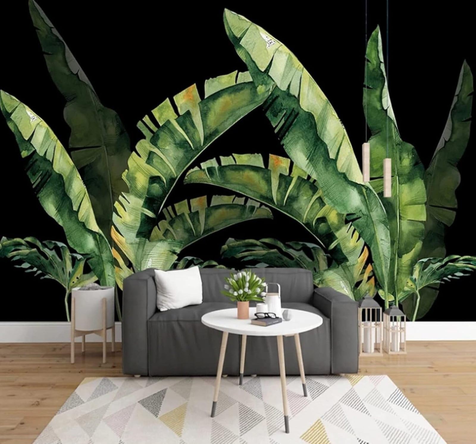 XLMING Fresh Plants Green Leaves Black Background 3D Wallpaper Luxury Silk Study Dining Feature Sofa Grey Bedroom Living Room Tv Decorative Wall-250cm×170cm