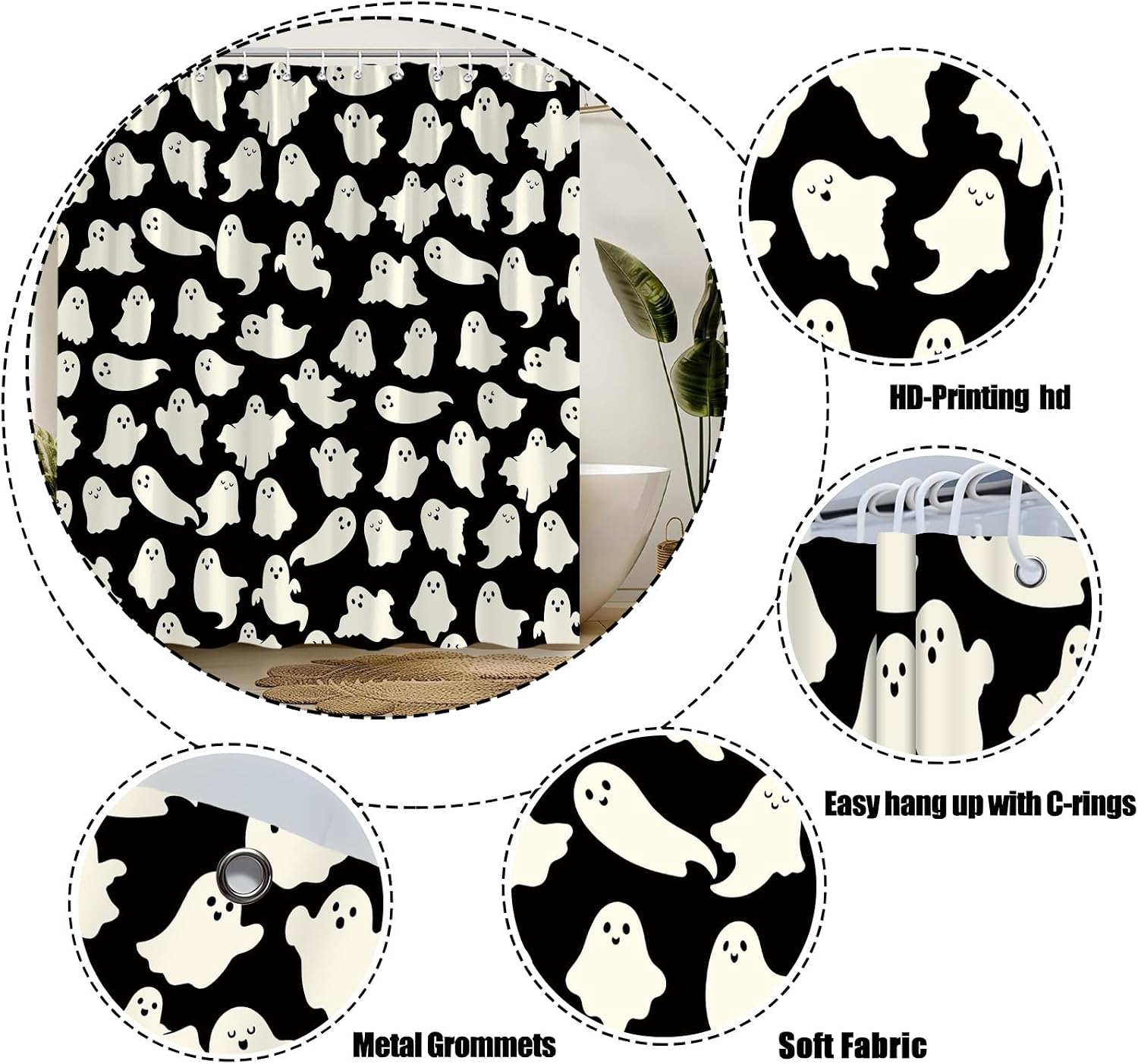 Halloween Ghost Shower Curtain,70x70 Inch,Black