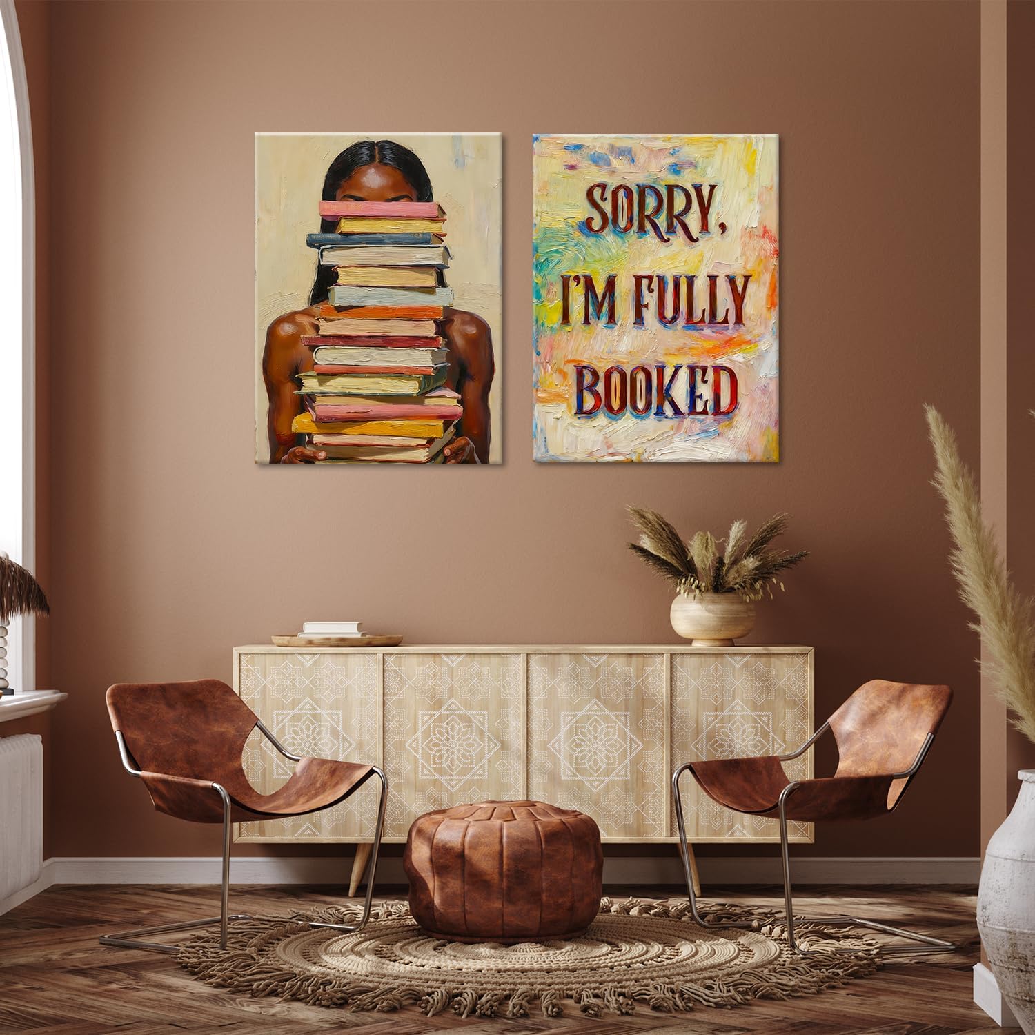 Black Girl Book Lover Wall Art, Colorful Book Stack Black Woman Posters Prints,Afro Woman with Books Oil Canvas Painting Style,Library & Reading Room Decor, Modern Art picture,Framed16x24inX2
