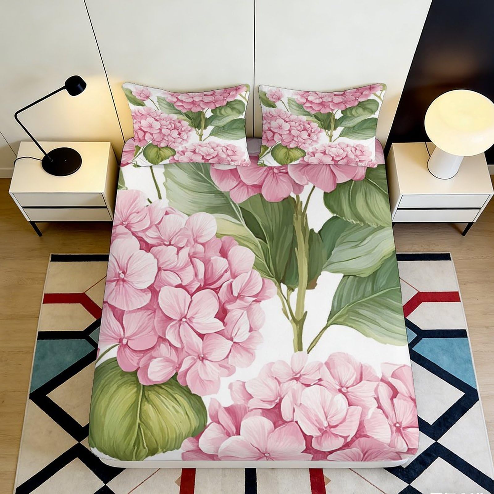 3D Printed Pink Hydrangea Fitted Sheet Microfiber Soft Breathable Floral Bed Cover for Bedroom Dormitory Guest Room Mattress Protection Decor 160x200x25cm