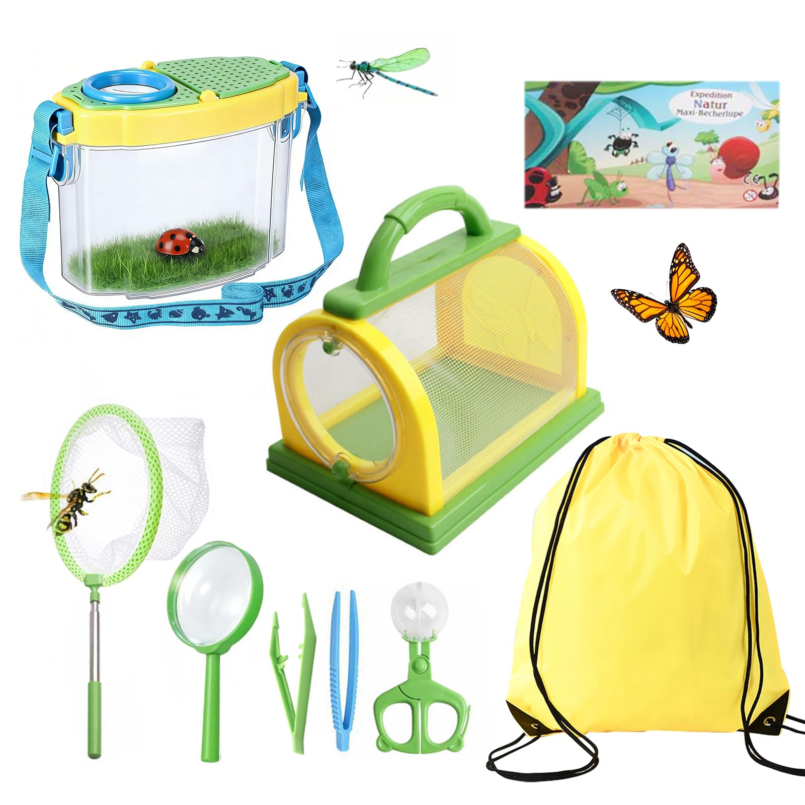 Conjunto Explorador al Aire Libre Kit de Exploración para Niños, Incluye Red para Mariposas, Recipiente para Insectos, Atrapador de Insectos, Caja de Observación, Pinzas para Insectos
