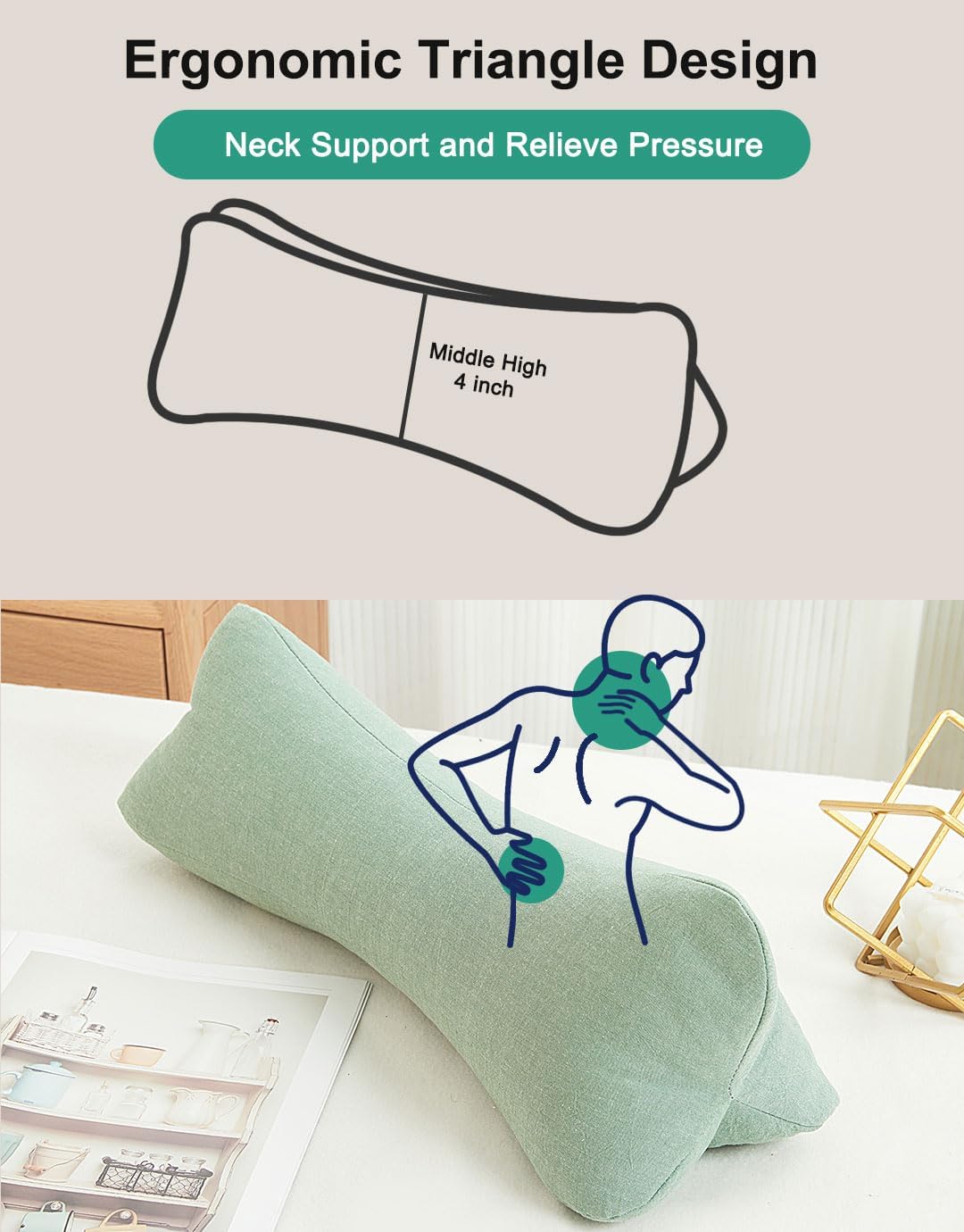 Breathable Buckwheat Cervical Neck Support Pillow, Triangle Pillows for Neck Pain Relief, Adjustable Height Cool Sleep Cylinder Bolster Pillow, Removable Washable, Green 15 X 5 Inches - Image 3