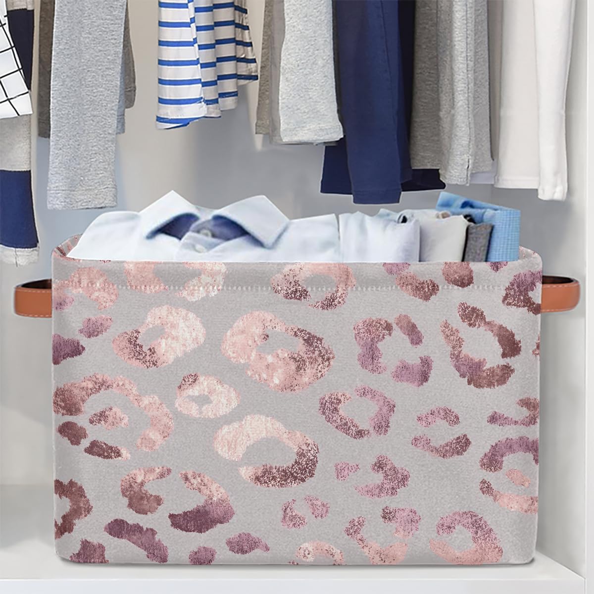 SEULIFE Rose Gold Leopard Print Pink Foldable Storage Basket, Large Collapsible Organizer Storage Bin Cube Toys Storage Boxes with Handles for Bathroom Kids Nursery Closet Storage, 1 Pack