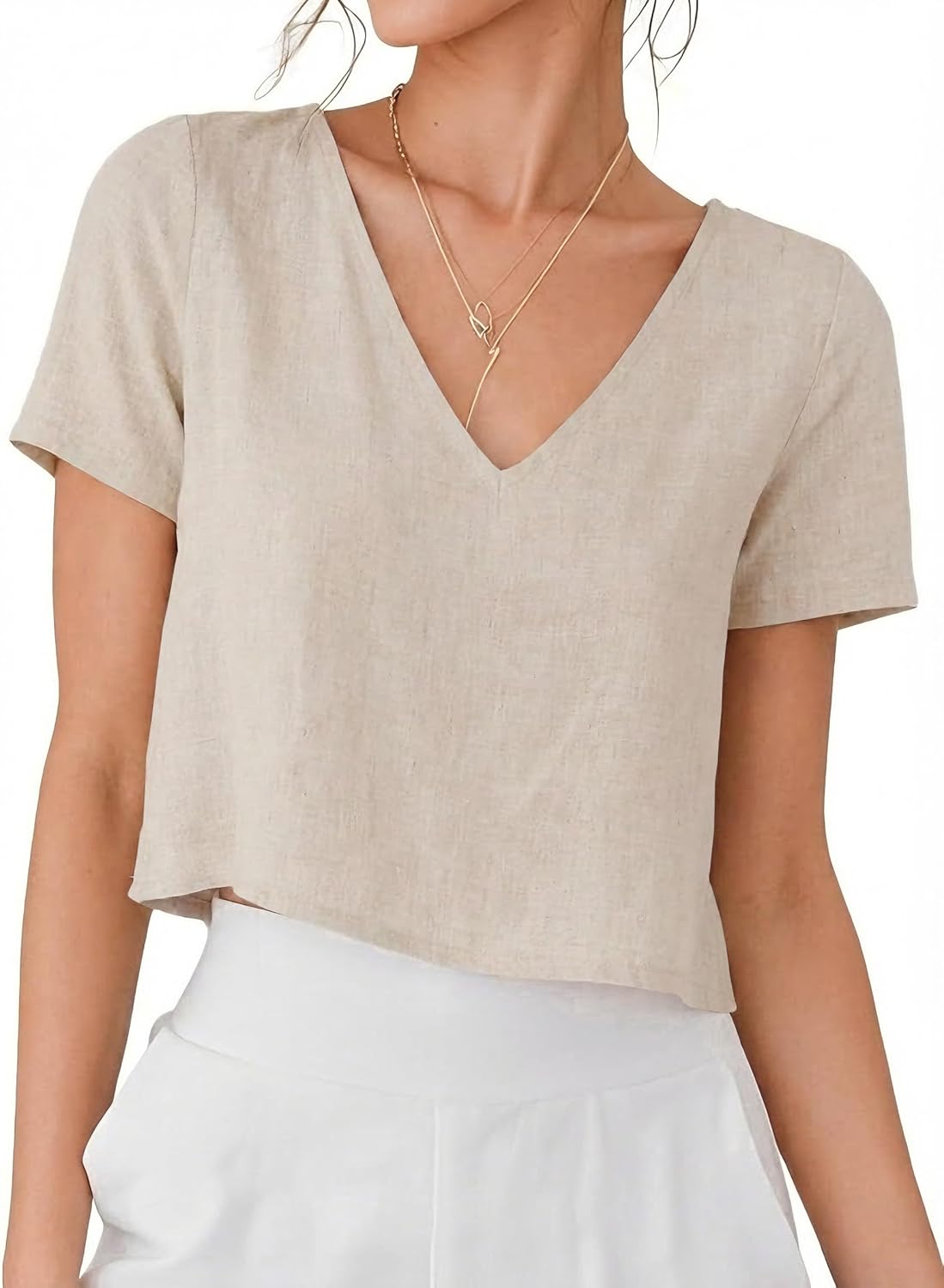 IDEALSANXUN Womens Short Sleeve Linen Shirts Casual Spring Summer V Neck Cute Crop Beach Blouse Tops