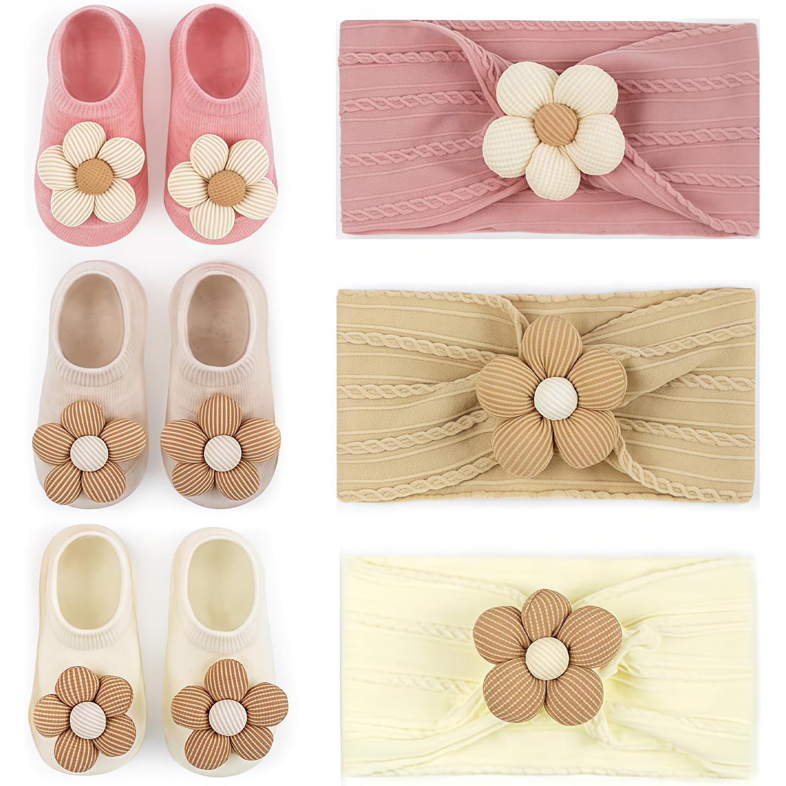 Vesavifaka Baby Blumen Haarband und Socken: Niedliches Haarband Stirnband Baby und Stoppersocken Kinder Set für Kleinkinder, Neugeborene, Babys, Mädchen