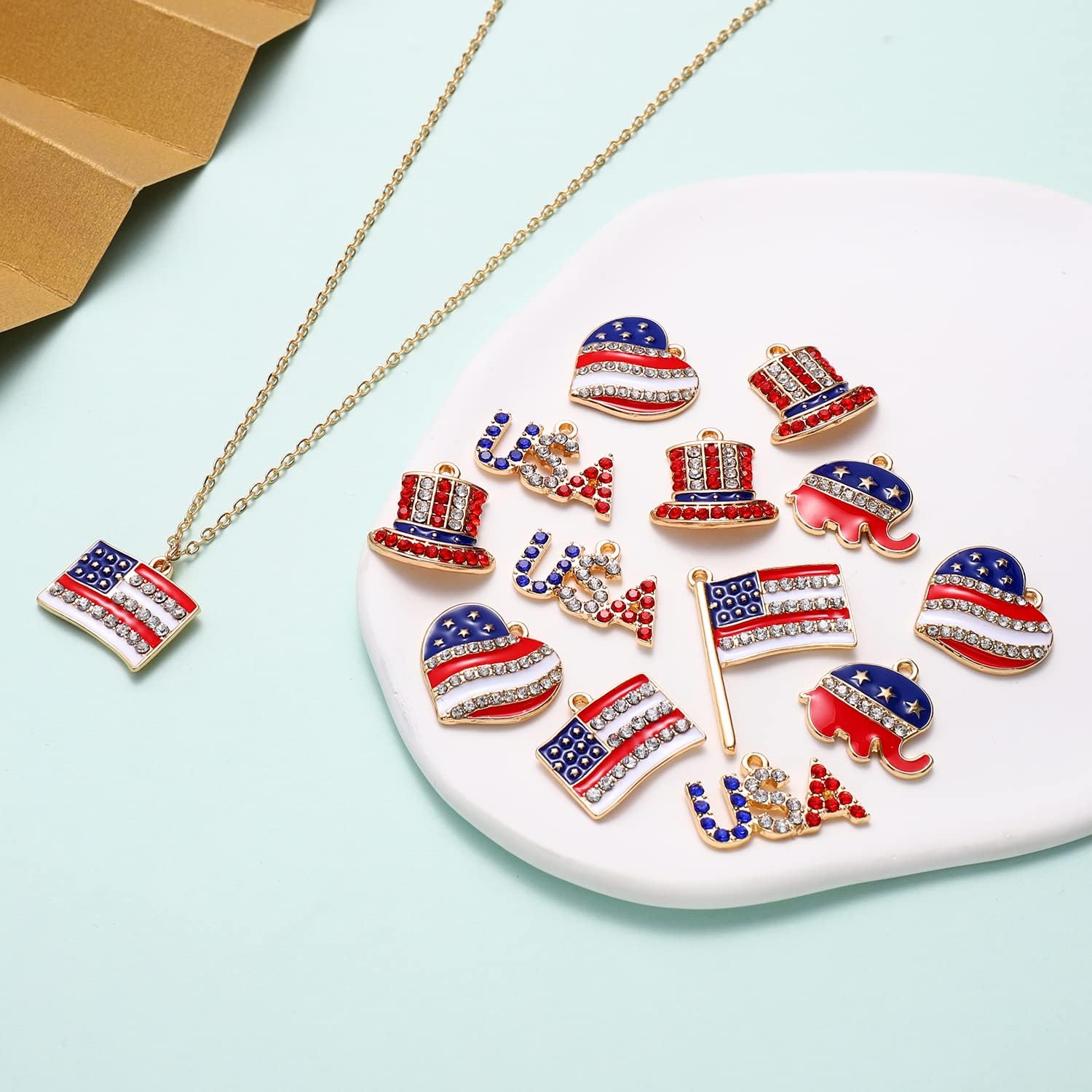 YAHPERN 40PCS American Flag Charms 4th of July Patriotic Charms for Jewelry Making Rhinestone Enamel Heart Star Pendant Charms for DIY Necklace Bracelet Earrings Crafts