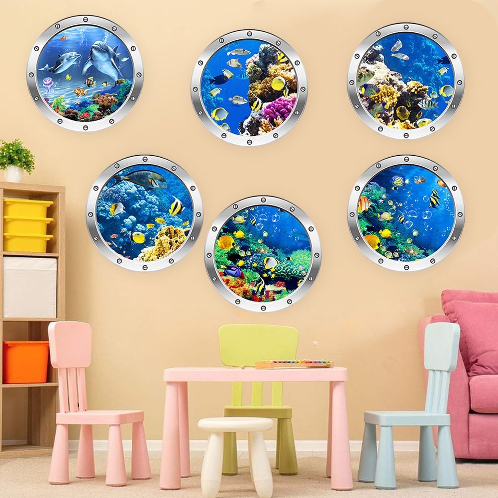 Set de 6 Adhesivos Murales 3D de Criaturas Marinas Cartoon Peces del Océano Stickers de Ventana Falsa Submarina para Habitación Infantil, Adhesivos de PVC Resistentes al Agua