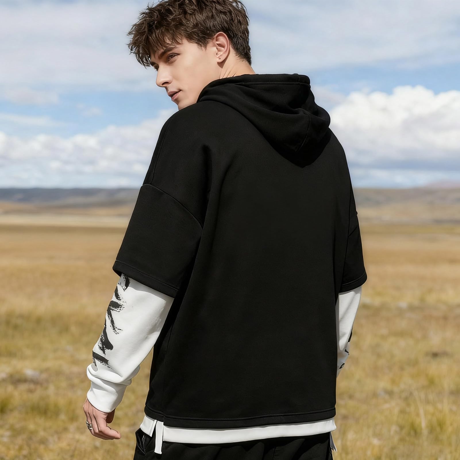 Felpa da Uomo con Cappuccio Stampa Patchwork Sweatshirt | Pullover Uomo Harajuku Stile di Strada Cotone Hoodie