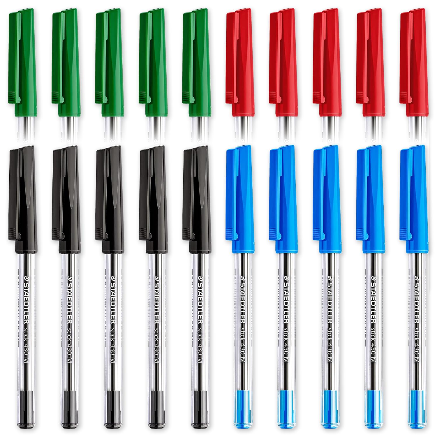 STAEDTLER Medium 0.5mm 430 M Stick Ballpoint Pens Writing Pen Smooth, 10 x Black, 10 x Blue, 10 x Red & 10 x Green