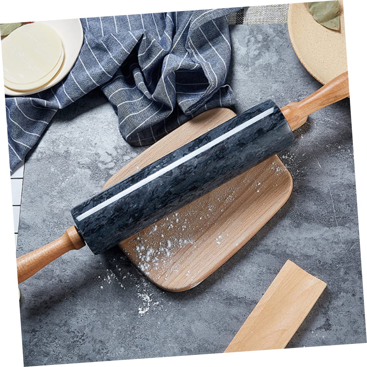 Rouleau à Pâtisserie en Marbre Noir Manche en Bois