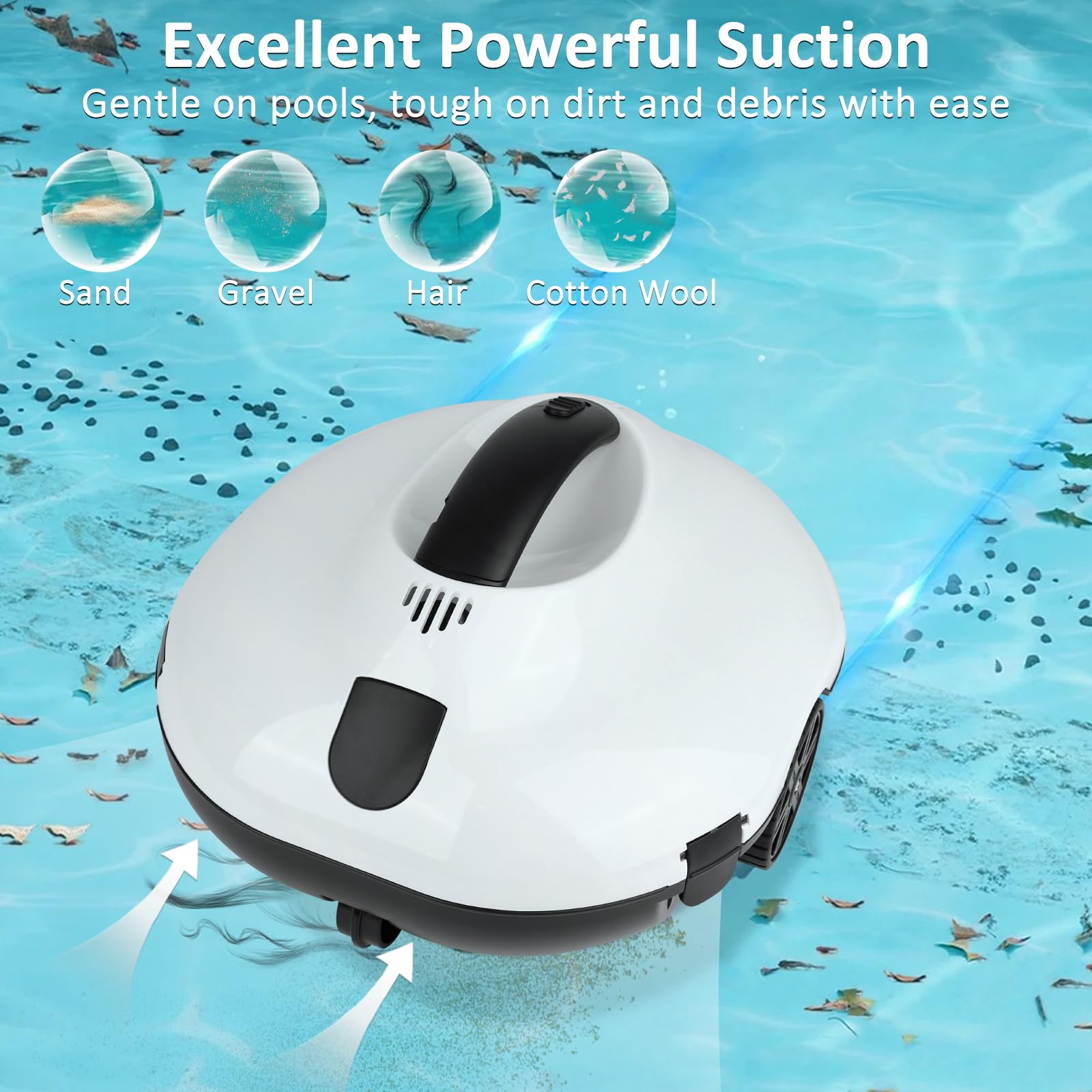 Robot nettoyeur de piscine sans fil de 130 minutes d'autonomie, léger, automatique et portable, 5200 mAh, charge rapide, puissant pour piscine hors sol jusqu'à 80 m² (blanc)