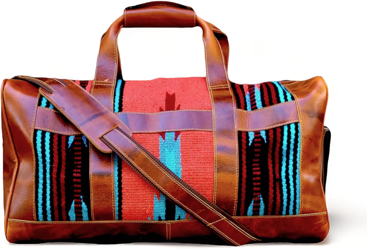 The Southwestern Antique Saddle Brown Leather Aztec Western Weekender Duffel Bag