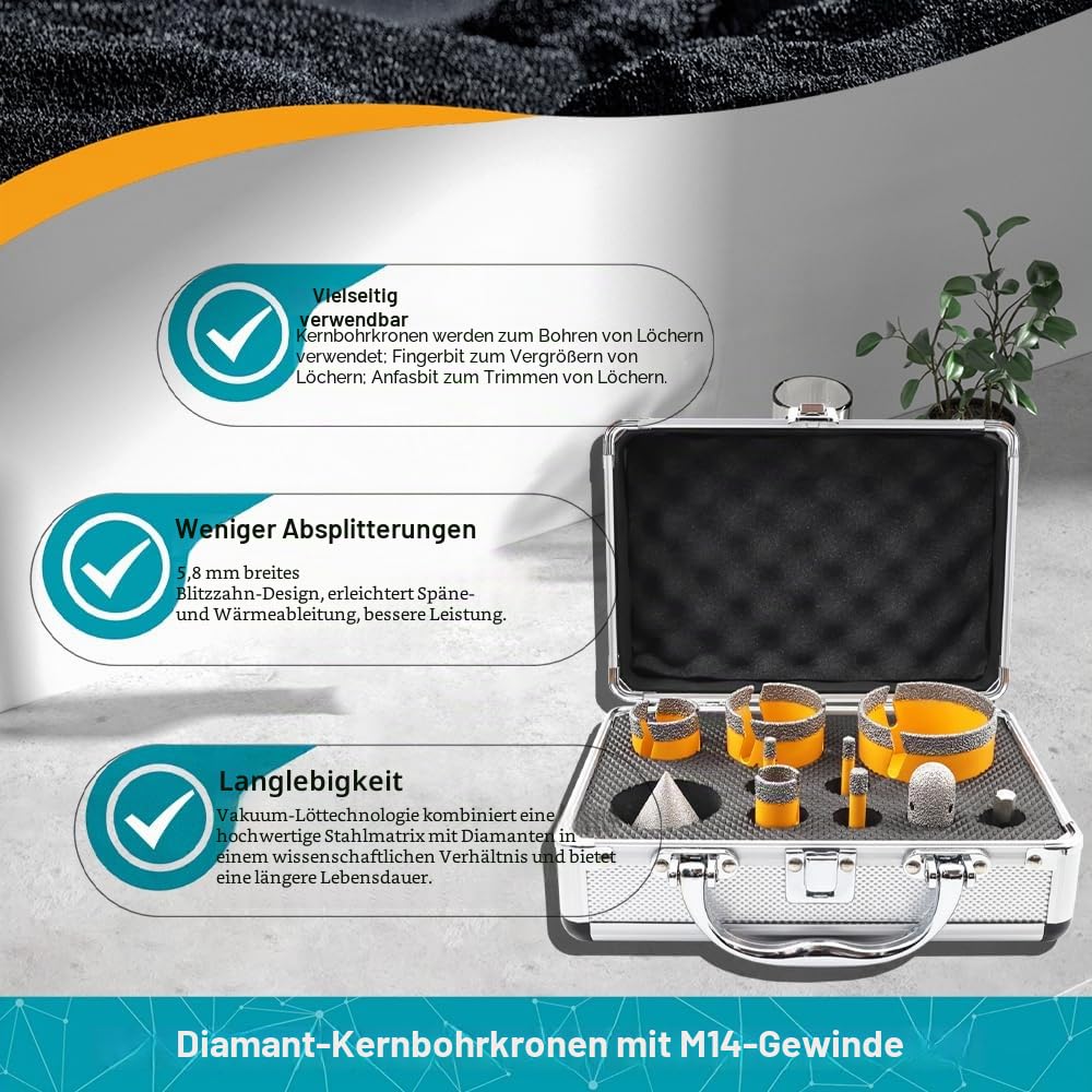 Diamant Fliesenbohrer Set 10 Stücke, 6/6/8/20/35/50/68mm - EXFEIN M14 Diamantbohrer Lochsäge für Fliesen Porzellan Keramik Marmor Granit Bohrungen & 20mm Fingerfräser & 50mm Fasenfräser & Adapter