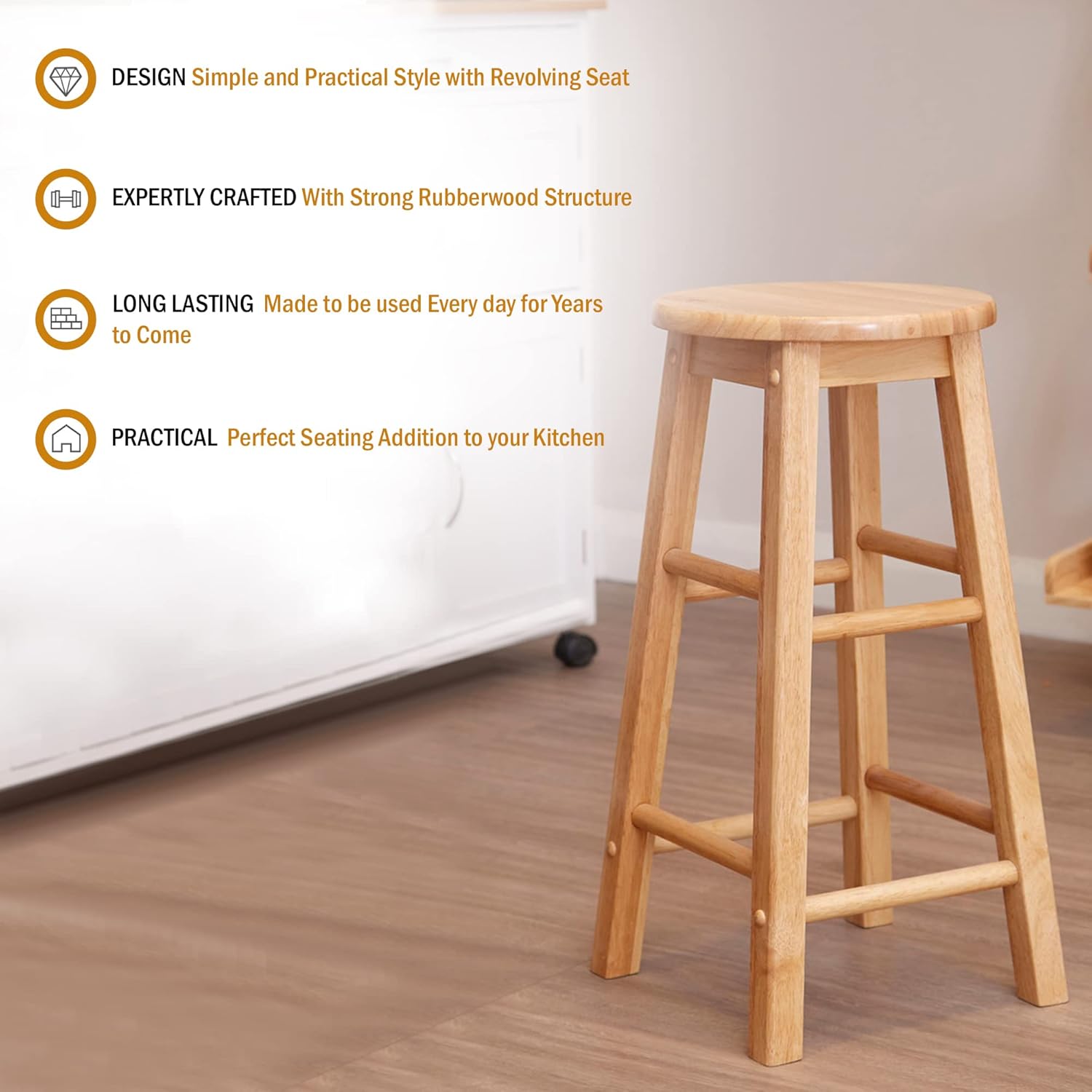 Premier Housewares Bar Stool/Wooden Stool/Breakfast Bar Stool/Revolving/Kitchen Stools/Solid Wood - Natural, 64 x 32 x 32 cm