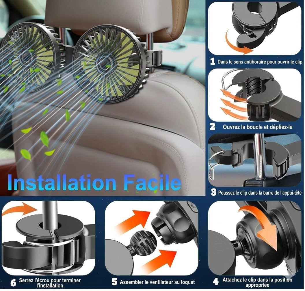 PAWLUN Ventilateur de Voiture Double Tête pour Siège Arrière, 3 Modes de Puissance Réglables, 360° Pivotant, Refroidissement pour Enfants, Chiens, Berline, SUV