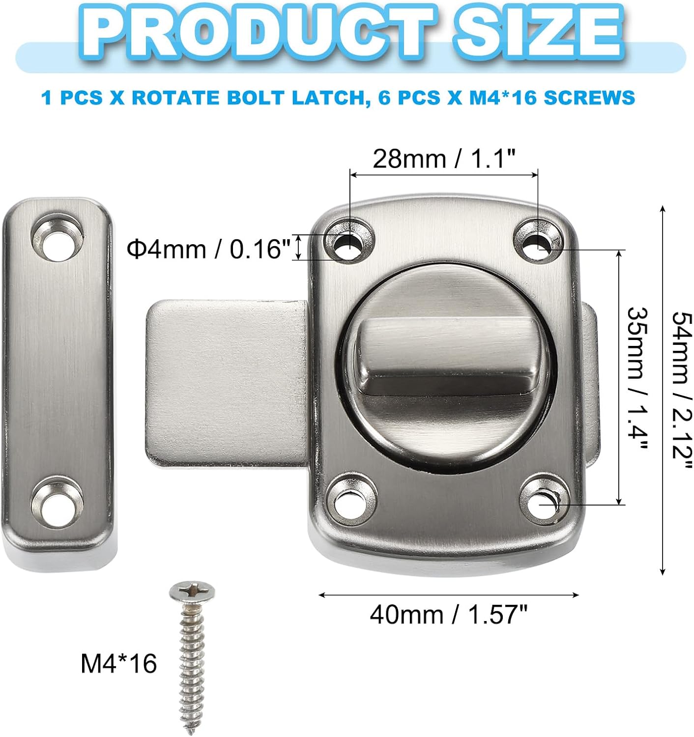 PATIKIL Rotate Bolt Latch, Zinc Alloy Gate Latch Safety Door Lock Security Door Slide Latch Pet Door Lock with Screws for Cabinet Closet Bathroom Furniture, Silver