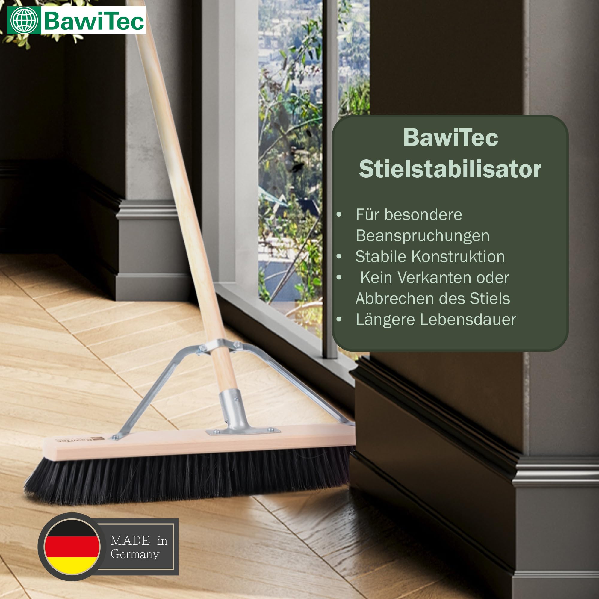 Profi Saalbesen 60cm mit Stiel 160cm weiche Kunsthaar Borsten Besen Stabi | Spezieller Stielstabilisator/Zusatzhalterung, Besenstiel Ø28mm, Weiche Feine Kunsthaar-Poly-Borsten