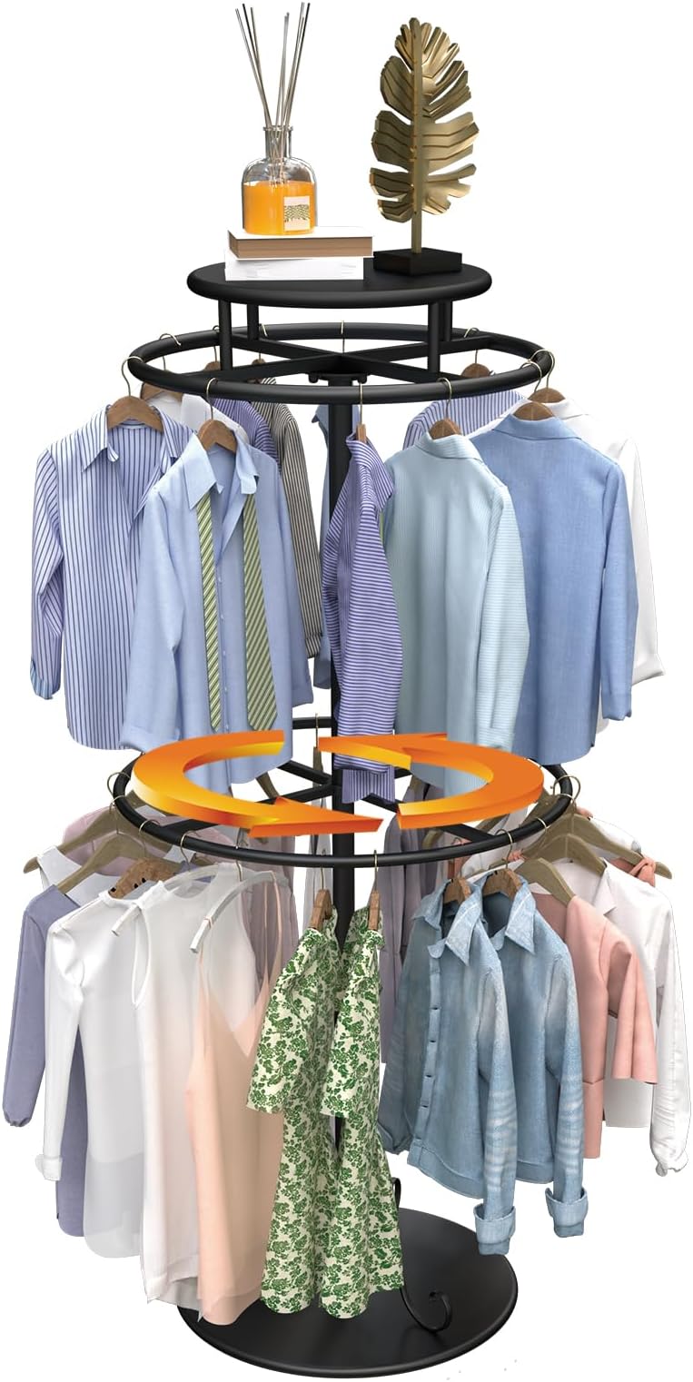 Round Clothes Rack, Childrens Clothing Display Circular Clothes Rack, Rotatable Black Tier Rack with Retail Display Table, Round Garment Rack Kids Clothing Display for Boutiques (BLACK, 55.1'/140cm)