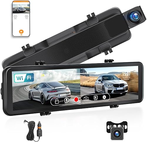UNITOPSCI Cámara de respaldo con espejo para salpicadero, cámara frontal HD 2K y espejo retrovisor de 180P para automóviles, pantalla táctil IPS de