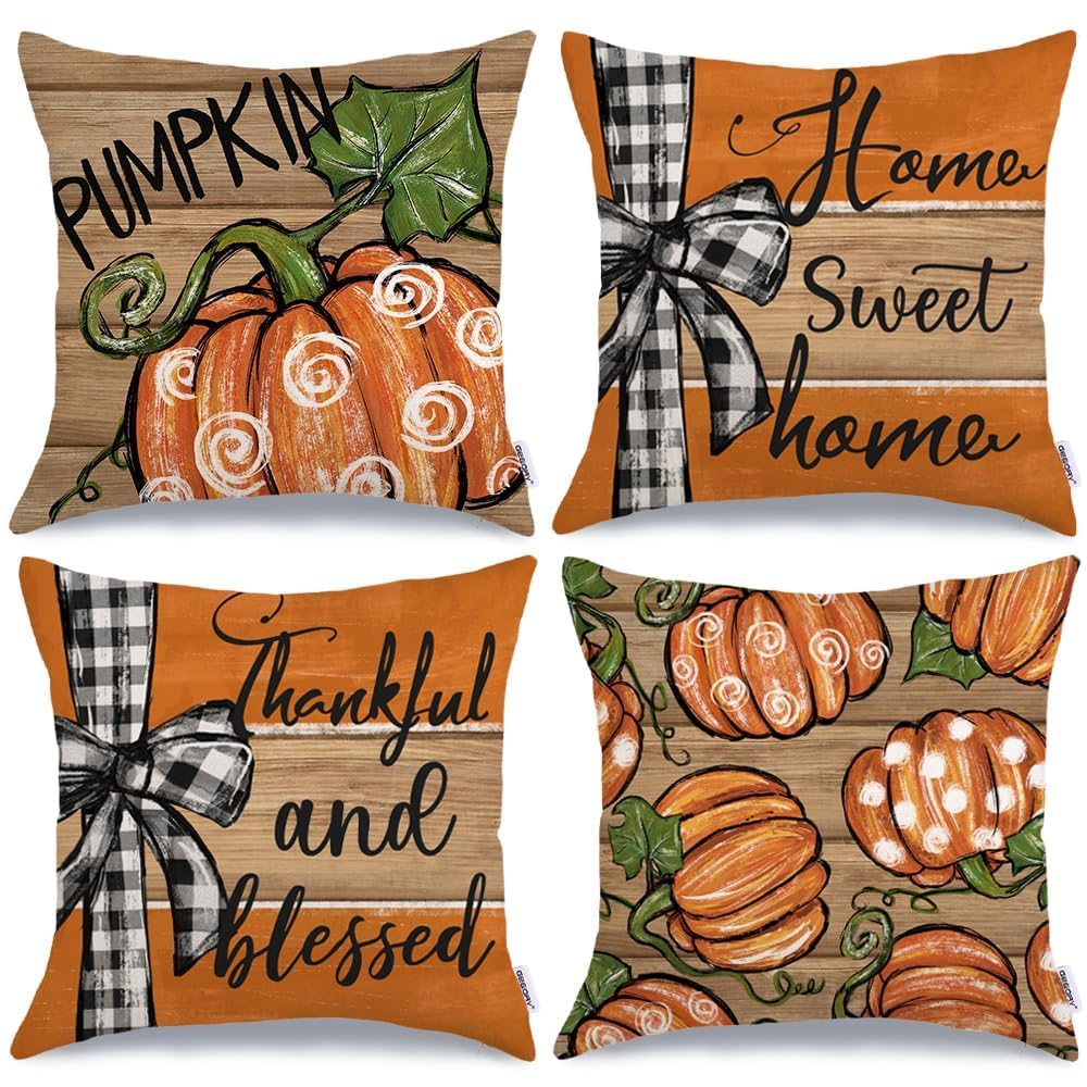 GEEORY Fall Wood Pumpkin Buffalo Plaid Pillow Covers 18x18 Set of 4