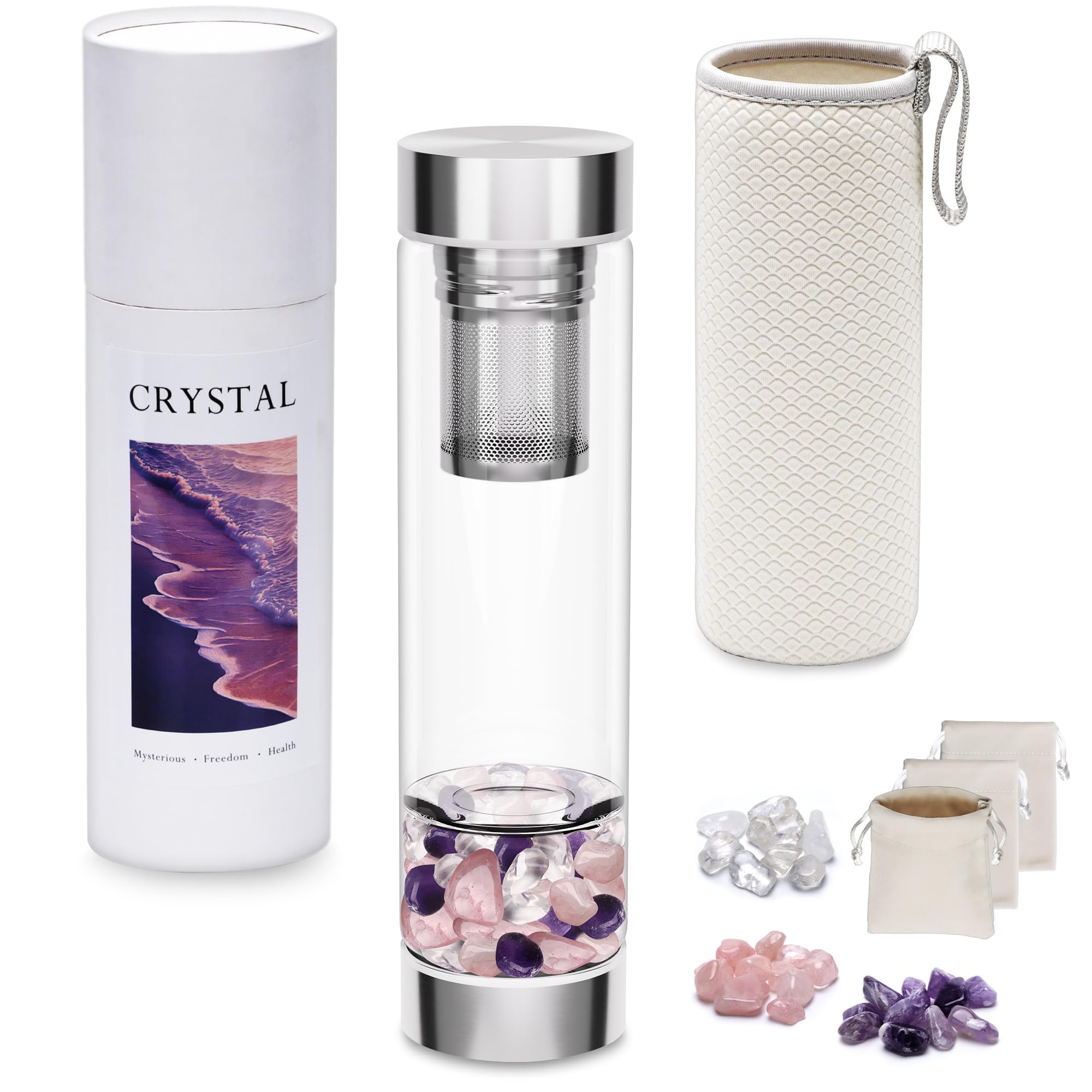 500 ml Kristall-Wasserflasche, auslaufsicher, herausnehmbares Sieb | Borosilikatglas, mit Amethyst- und Rosenquarz-Steinen, wiederverwendbares Kristall-Teesieb, Geschenkidee für Teeliebhaber
