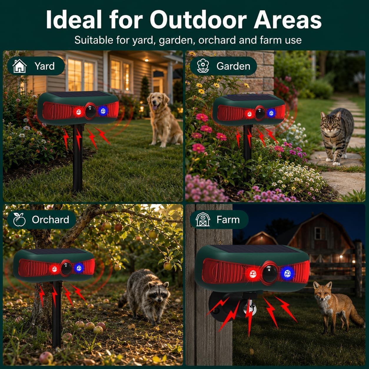 Solar Strobe Infrared Motion Sensor Alarm Detector,LED Flashing Warning Light Outdoor,13 Sounds Security Alert System,129db Dual Speaker Loud Noise Maker for Farm Yard Orchard Barn (1Pack)