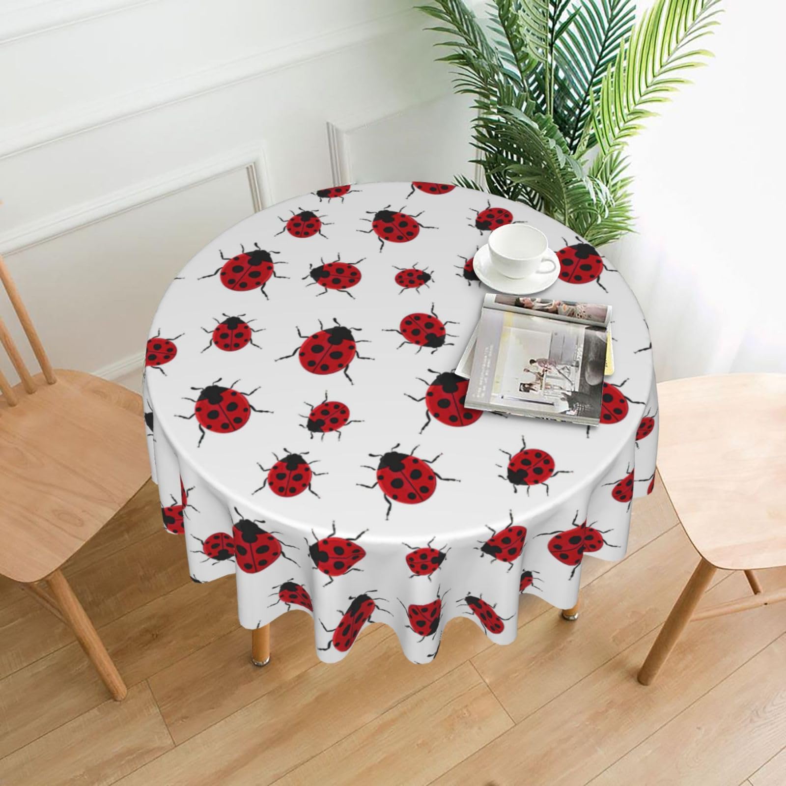 VCzsdff ladybug Print Stain Resistant Round Tablecloth 60in Family Friendly Polyester Cloth for Kids Meals